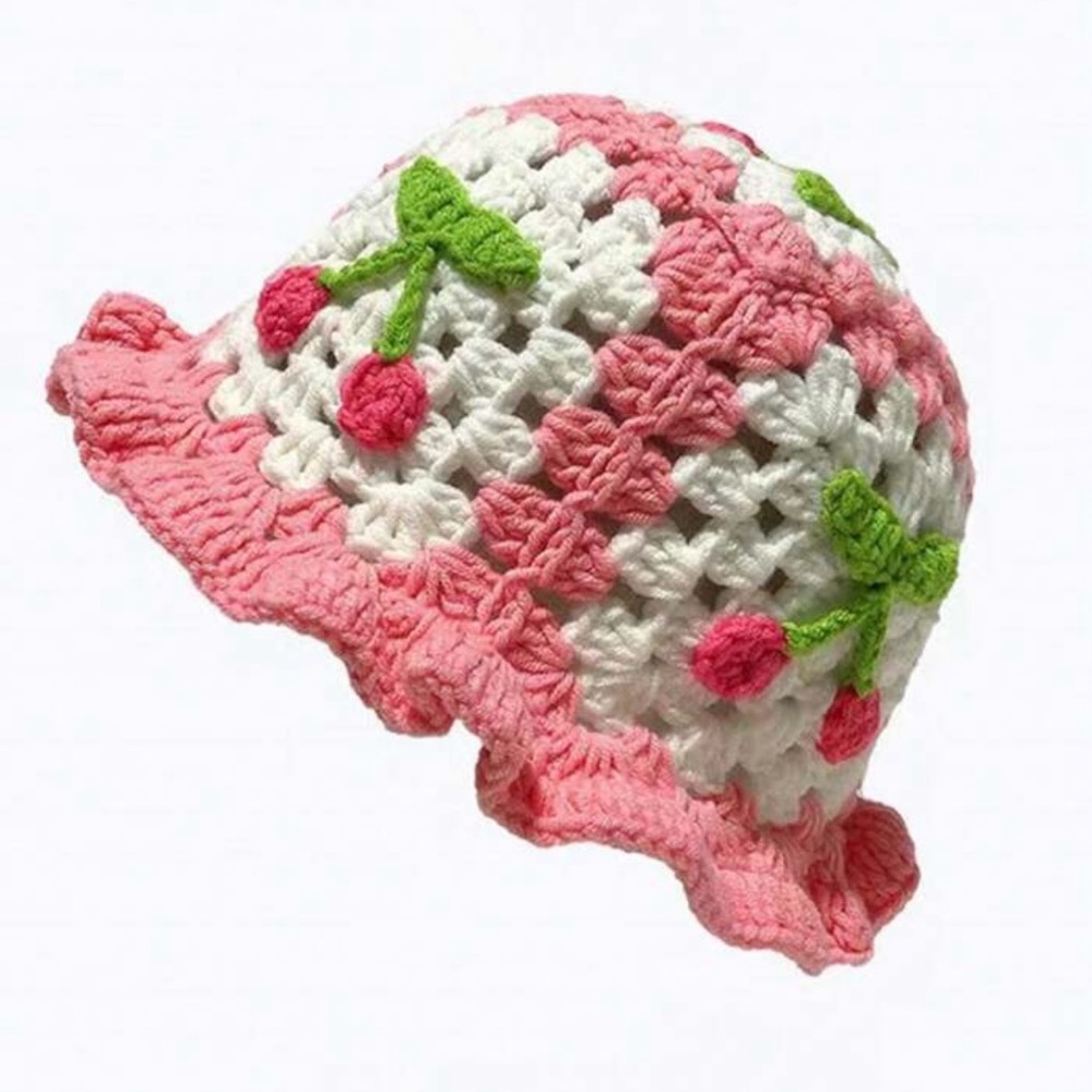 COPY - Handmade Crochet Bucket Hat light Pink with cherries